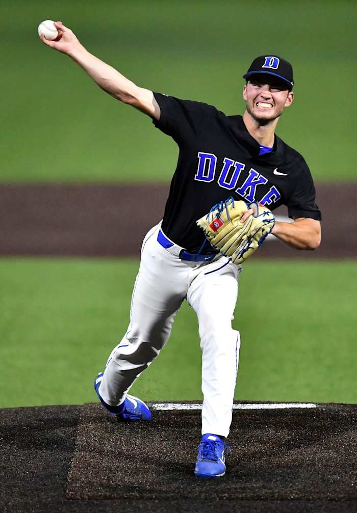 Duke's Bryce Jarvis (28) pitches against Vanderbilt during the NCAA Division I Baseball Super Regionals at Hawkins Field Saturday, June 8, 2019, in Nashville, Tenn. Gw58983